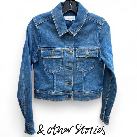 & Other Stories Cropped Denim Jean Jacket Mid Wash Lightly Distressed | Size 8 - Picture 1 of 13
